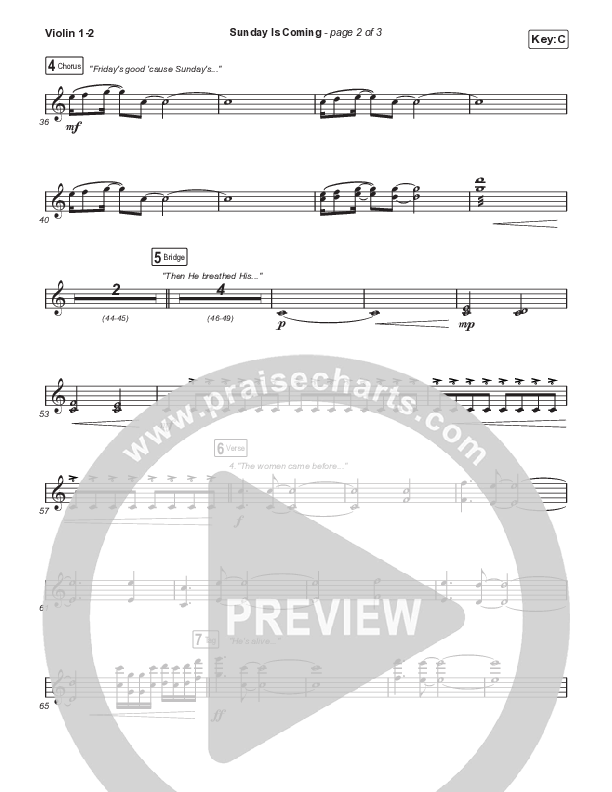 Sunday Is Coming (Choral Anthem SATB) Violin 1,2 (Phil Wickham / Arr. Mason Brown)