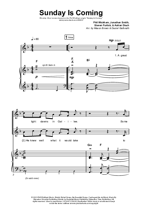 Sunday Is Coming (Worship Choir/SAB) Octavo (SAB & Pno) (Phil Wickham / Arr. Mason Brown)