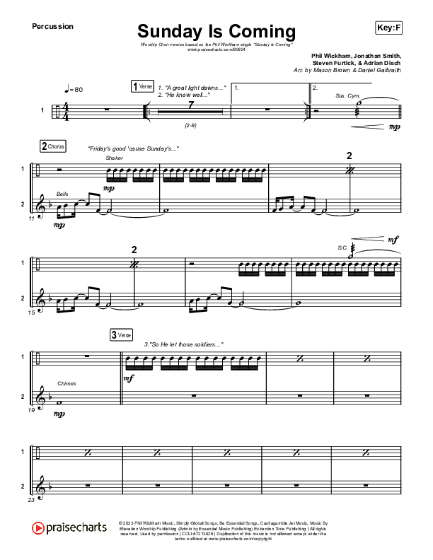 Sunday Is Coming (Worship Choir/SAB) Percussion (Phil Wickham / Arr. Mason Brown)