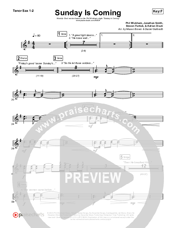 Sunday Is Coming (Worship Choir/SAB) Tenor Sax 1/2 (Phil Wickham / Arr. Mason Brown)