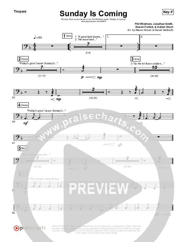 Sunday Is Coming (Worship Choir/SAB) Timpani (Phil Wickham / Arr. Mason Brown)