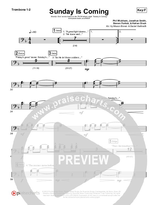 Sunday Is Coming (Worship Choir/SAB) Trombone 1/2 (Phil Wickham / Arr. Mason Brown)