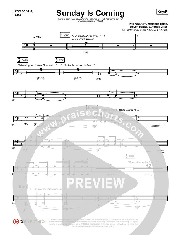 Sunday Is Coming (Worship Choir/SAB) Trombone 3/Tuba (Phil Wickham / Arr. Mason Brown)