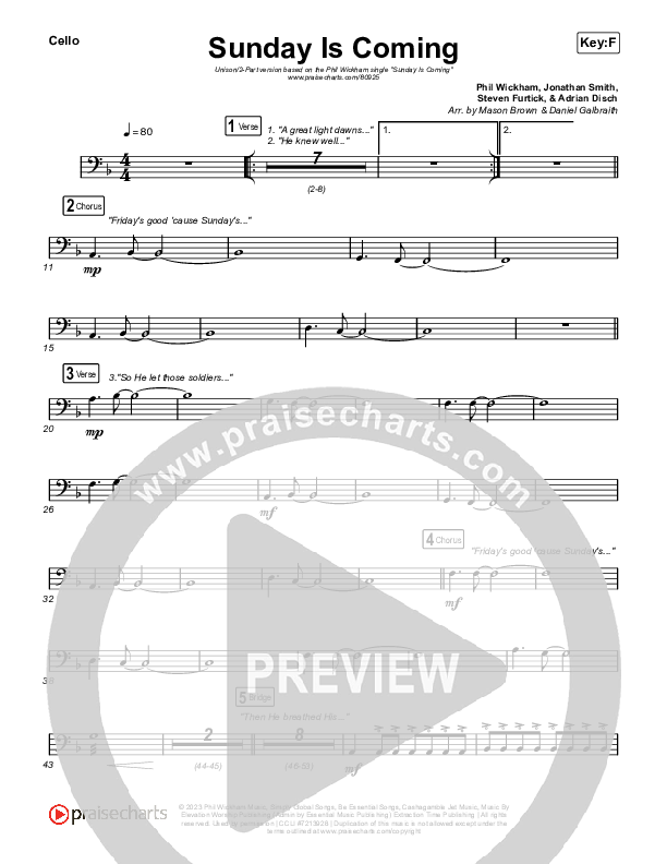 Sunday Is Coming (Unison/2-Part) Cello (Phil Wickham / Arr. Mason Brown)