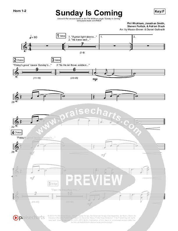 Sunday Is Coming (Unison/2-Part) French Horn 1/2 (Phil Wickham / Arr. Mason Brown)