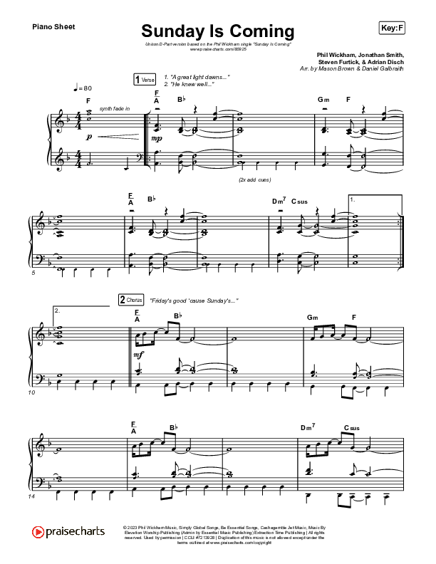 Sunday Is Coming (Unison/2-Part) Piano Sheet (Phil Wickham / Arr. Mason Brown)