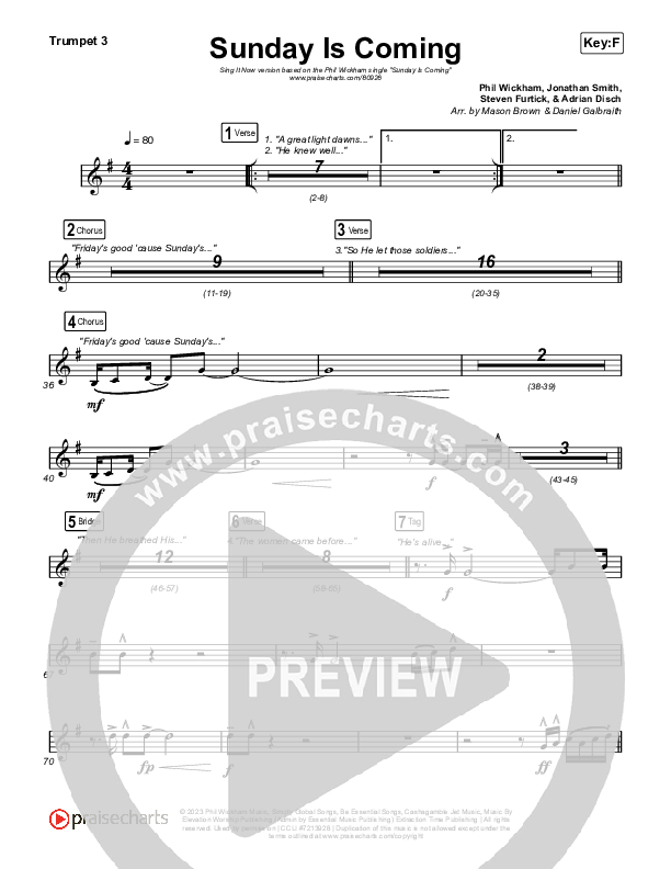 Sunday Is Coming (Sing It Now) Trumpet 3 (Phil Wickham / Arr. Mason Brown)