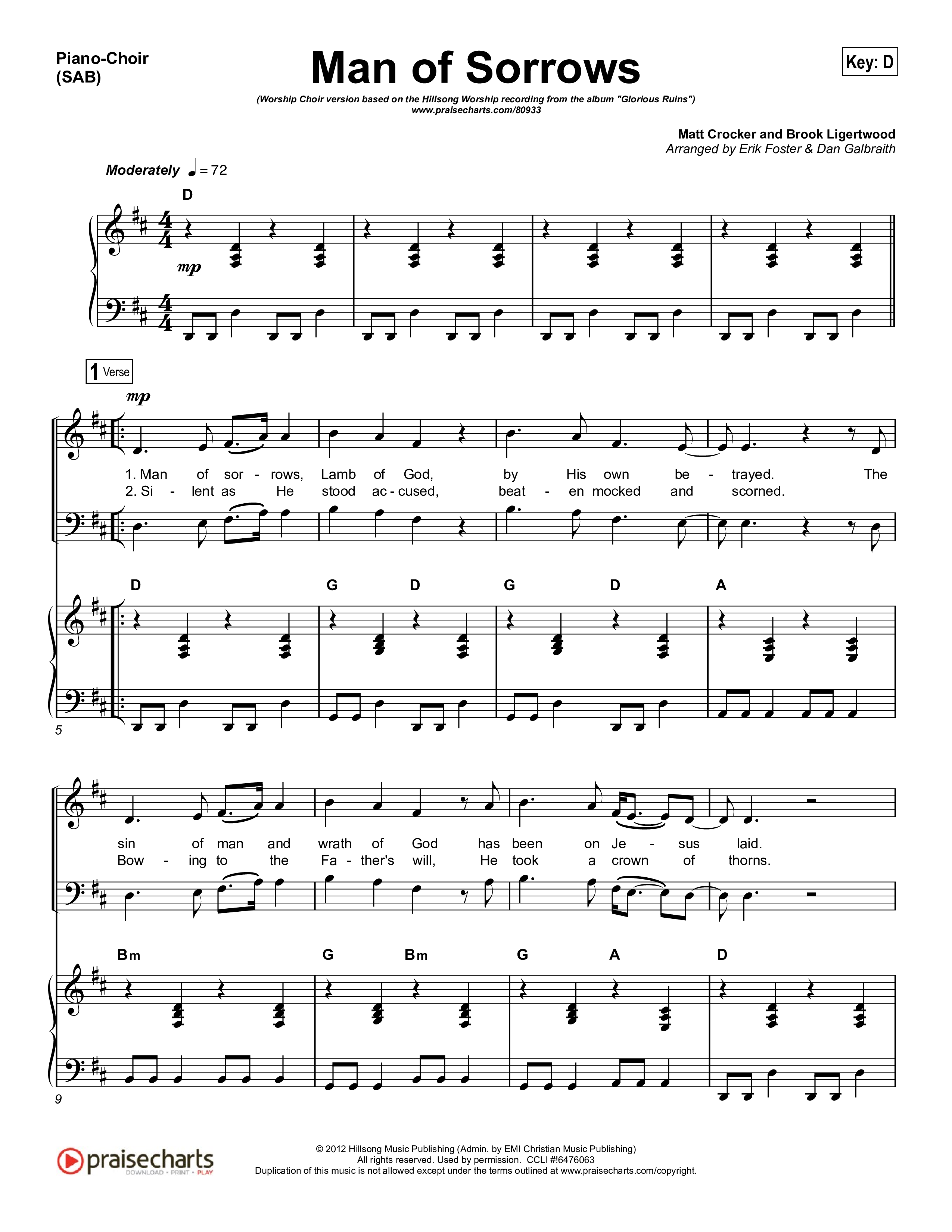 Man Of Sorrows (Worship Choir/SAB) Piano/Choir (SAB) (Hillsong Worship / Arr. Erik Foster)