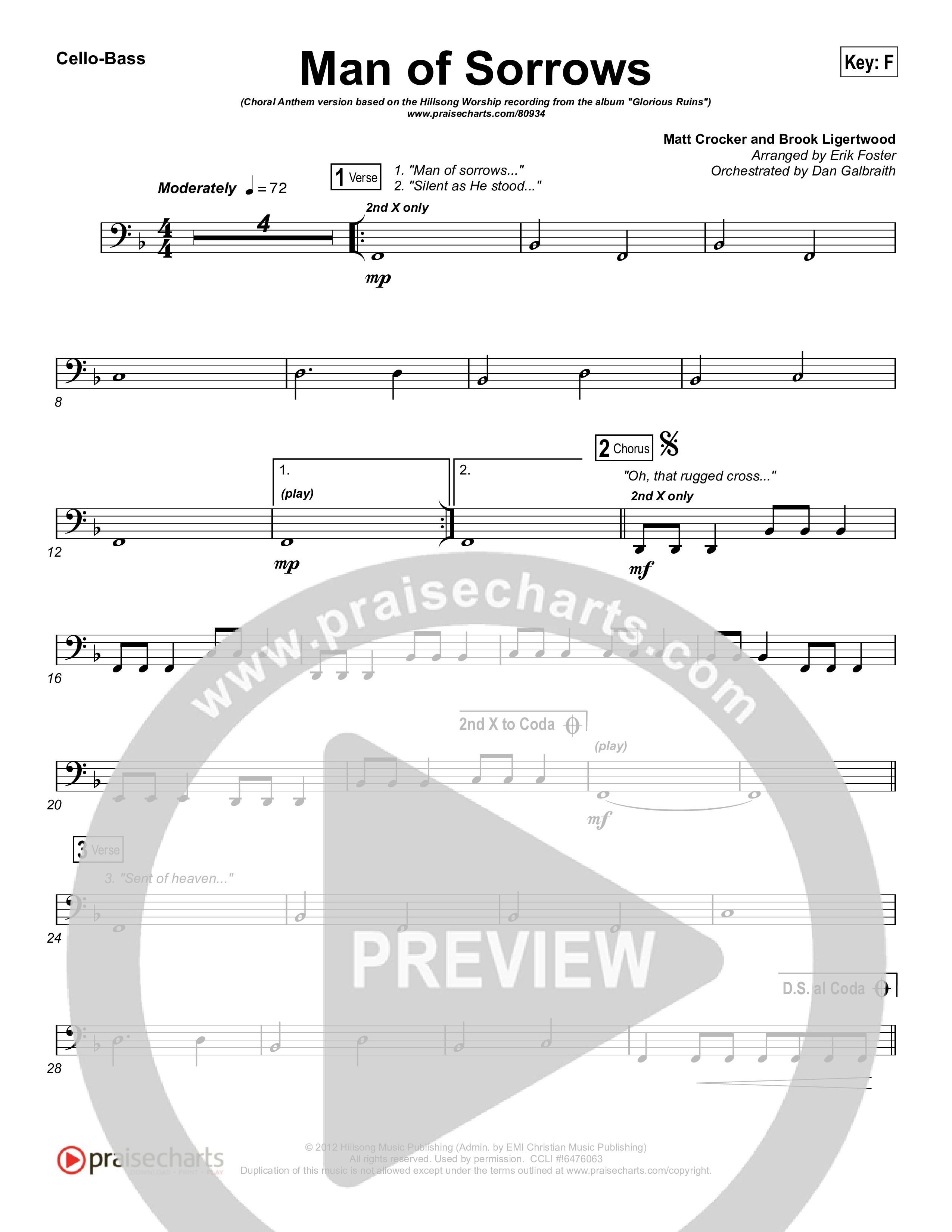 Man Of Sorrows (Choral Anthem SATB) Cello/Bass (Hillsong Worship / Arr. Erik Foster)