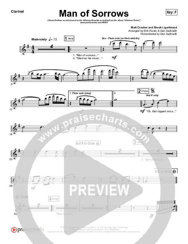 Man Of Sorrows (Choral Anthem SATB) Clarinet 1,2 (Hillsong Worship / Arr. Erik Foster)
