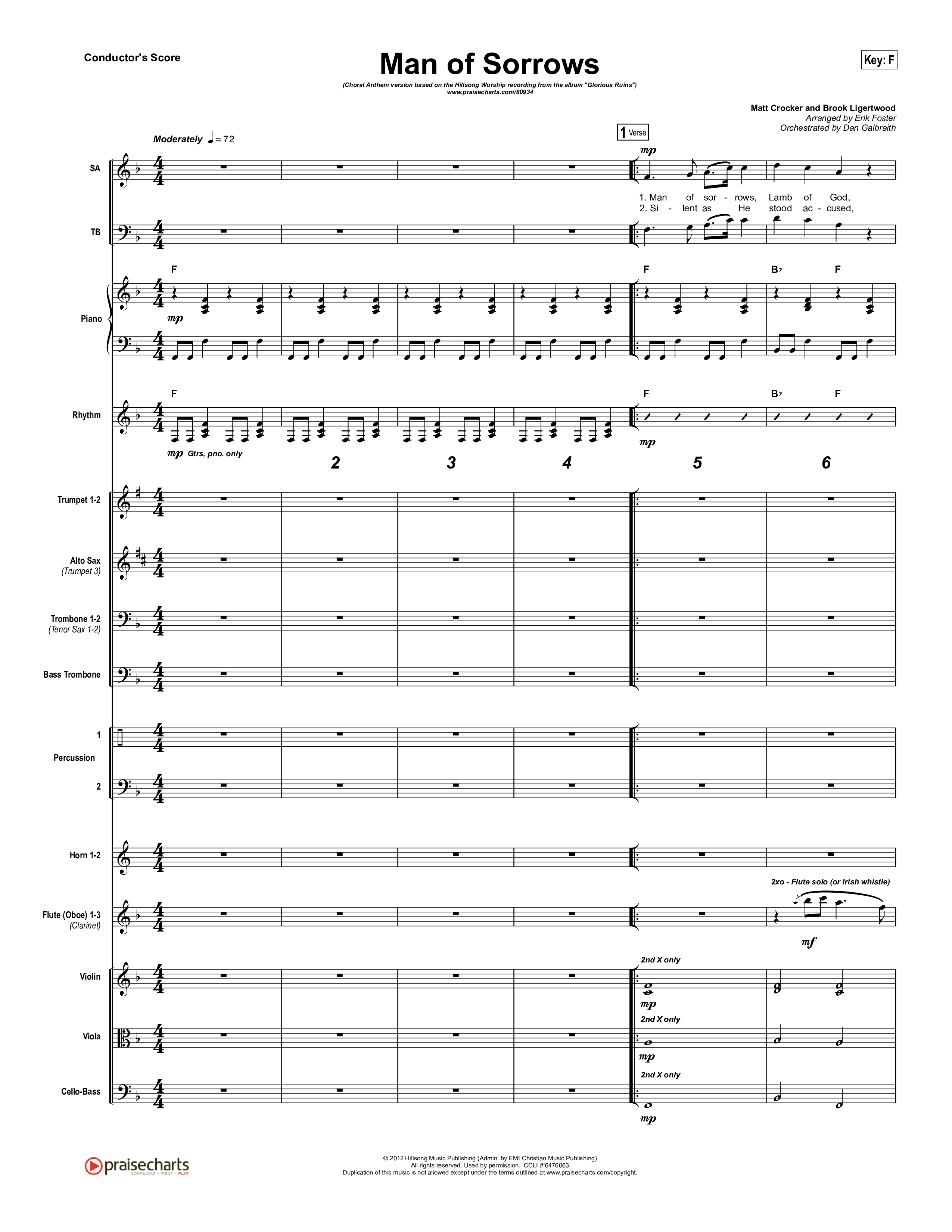 Man Of Sorrows (Choral Anthem SATB) Conductor's Score (Hillsong Worship / Arr. Erik Foster)