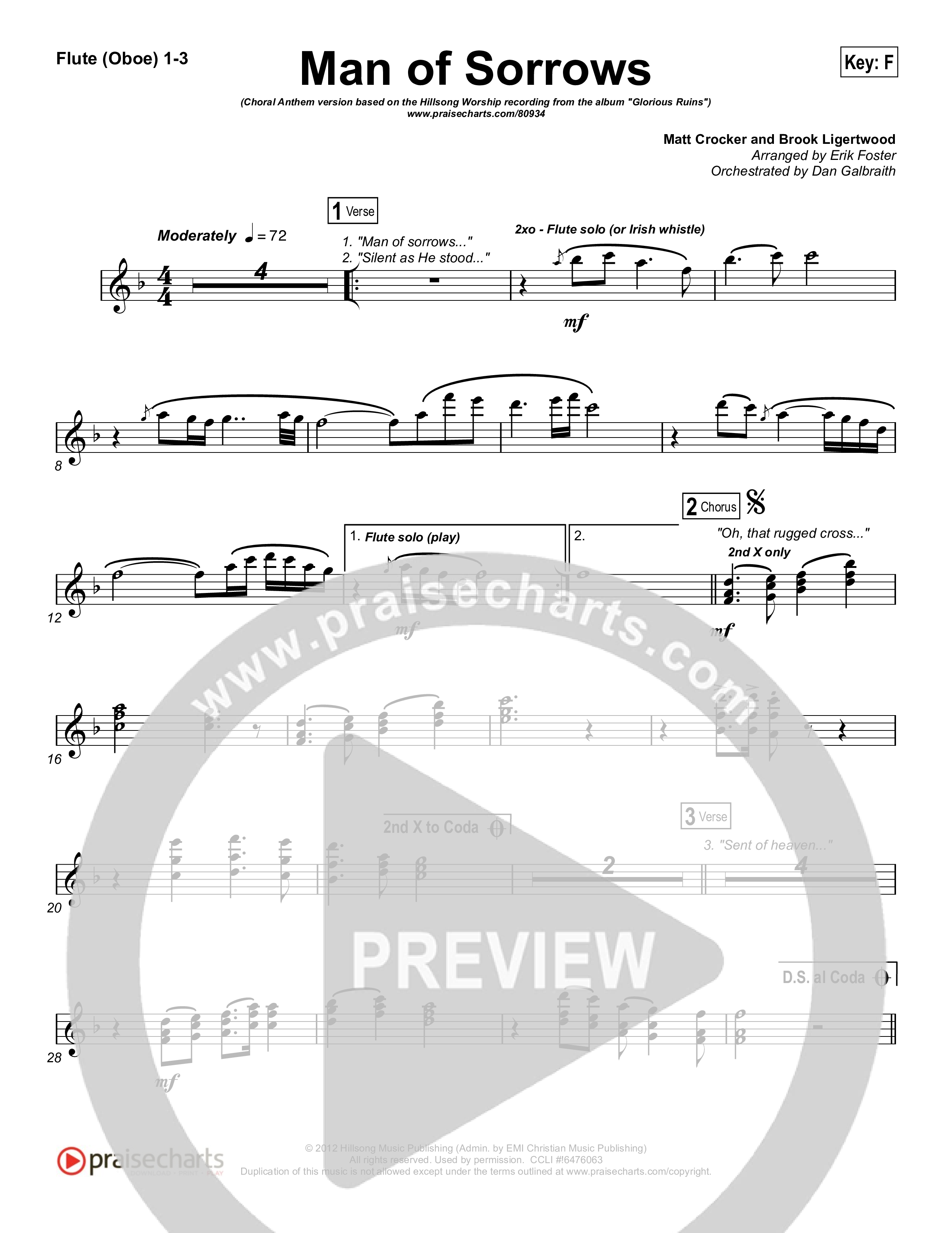 Man Of Sorrows (Choral Anthem SATB) Flute/Oboe 1/2/3 (Hillsong Worship / Arr. Erik Foster)