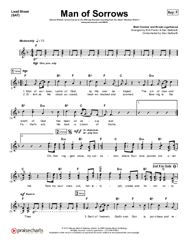 Man Of Sorrows (Choral Anthem SATB) Lead Sheet (SAT) (Hillsong Worship / Arr. Erik Foster)