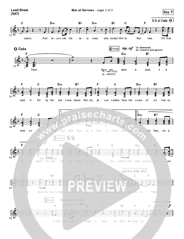 Man Of Sorrows (Choral Anthem SATB) Lead Sheet (SAT) (Hillsong Worship / Arr. Erik Foster)
