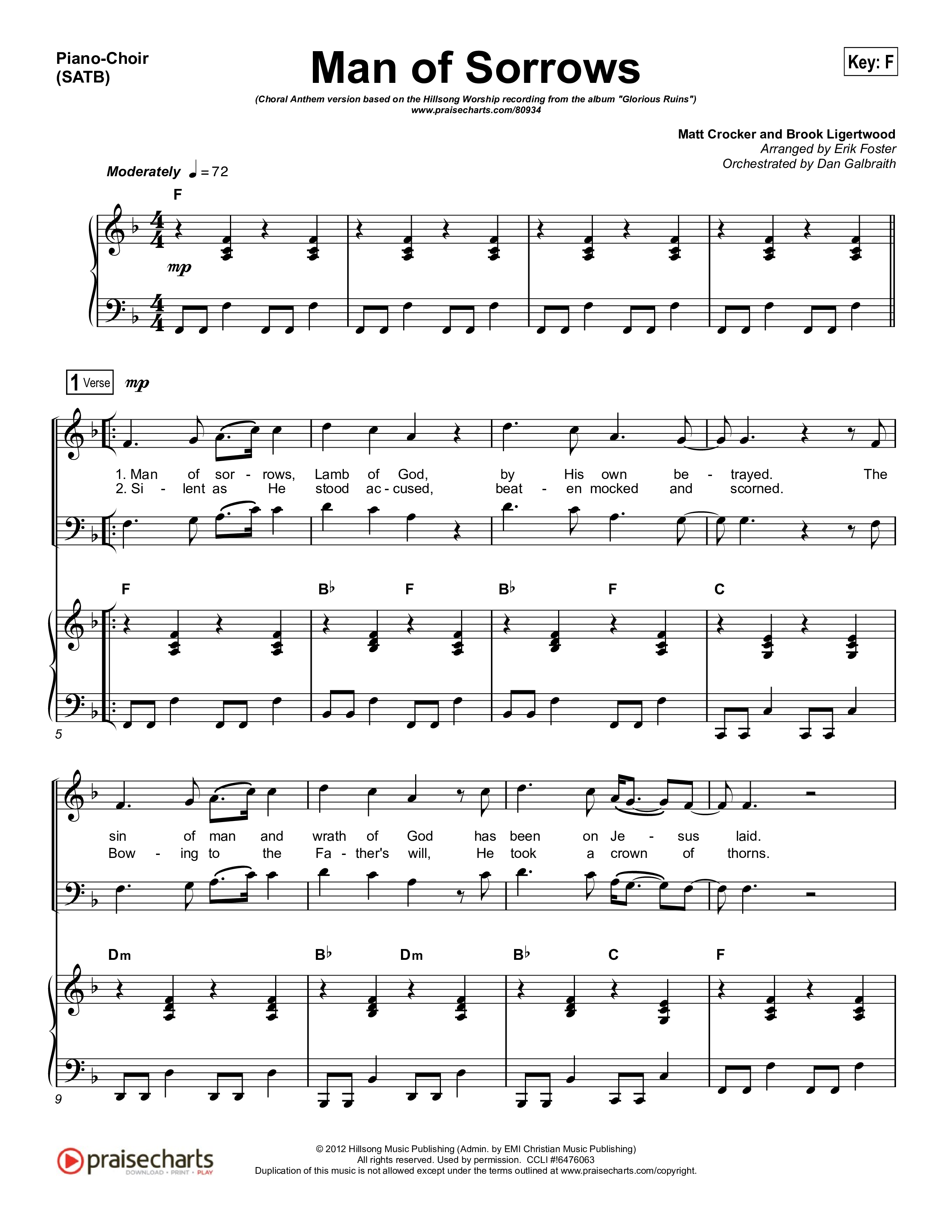 Man Of Sorrows (Choral Anthem SATB) Piano/Vocal (SATB) (Hillsong Worship / Arr. Erik Foster)