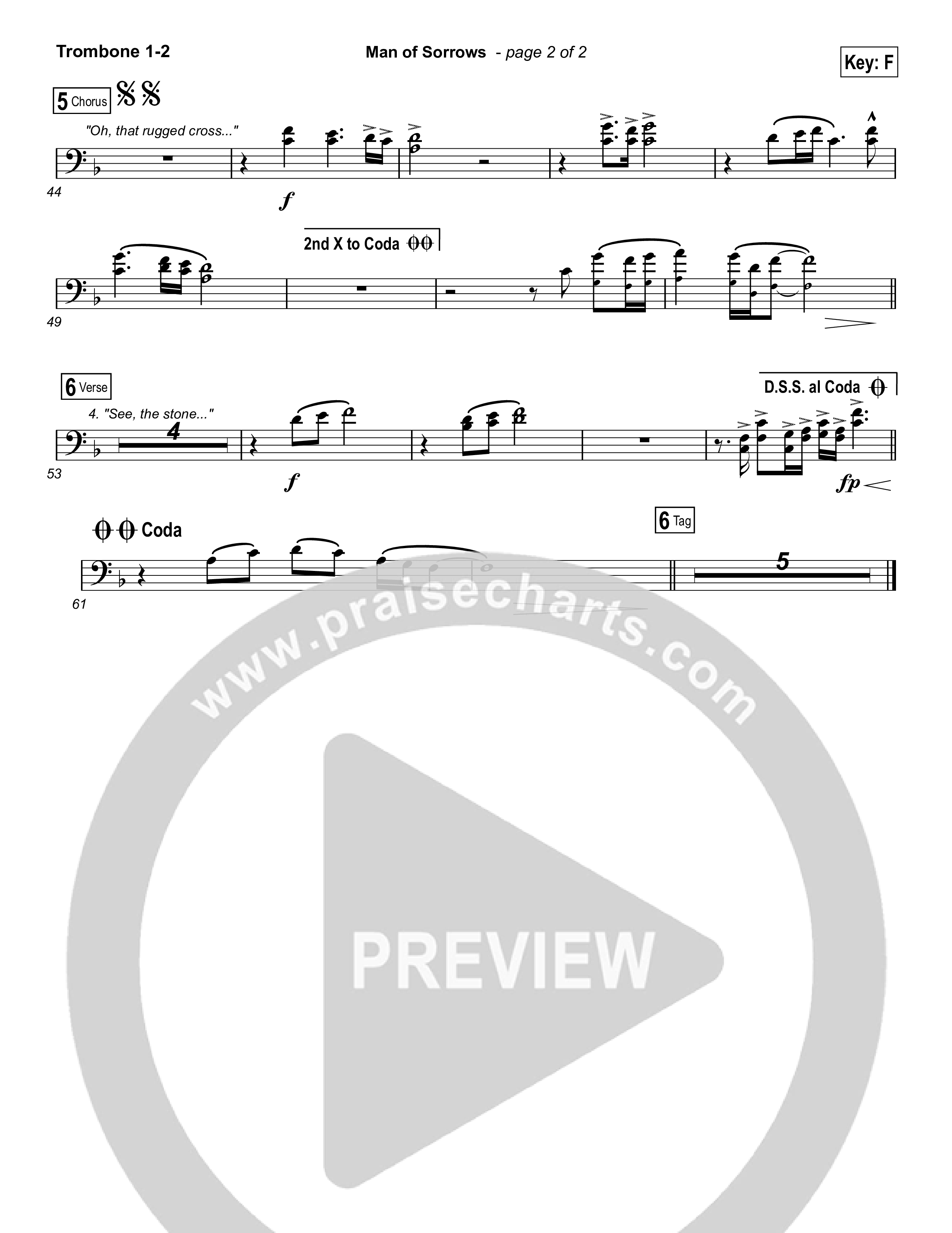 Man Of Sorrows (Choral Anthem SATB) Trombone 1/2 (Hillsong Worship / Arr. Erik Foster)