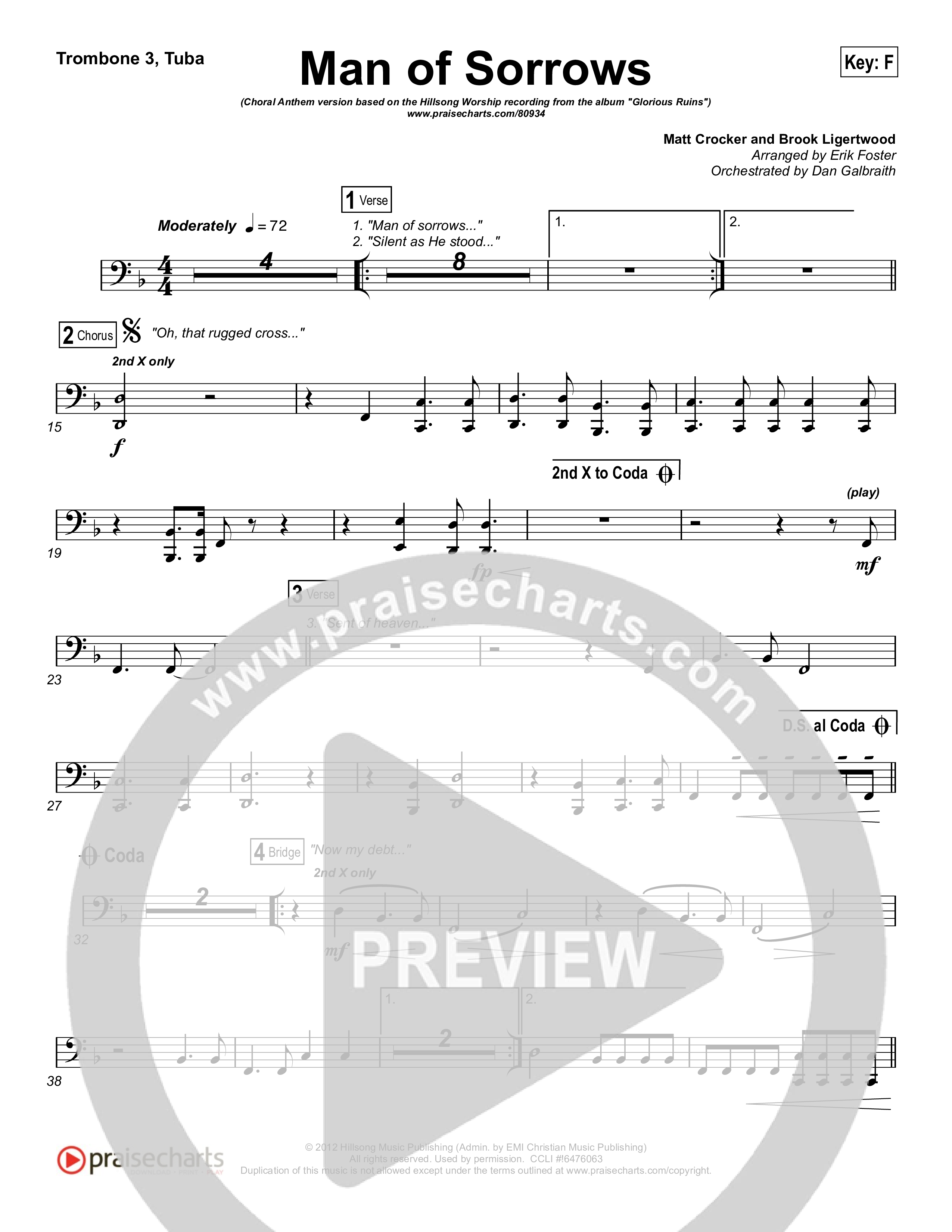 Man Of Sorrows (Choral Anthem SATB) Trombone 3/Tuba (Hillsong Worship / Arr. Erik Foster)
