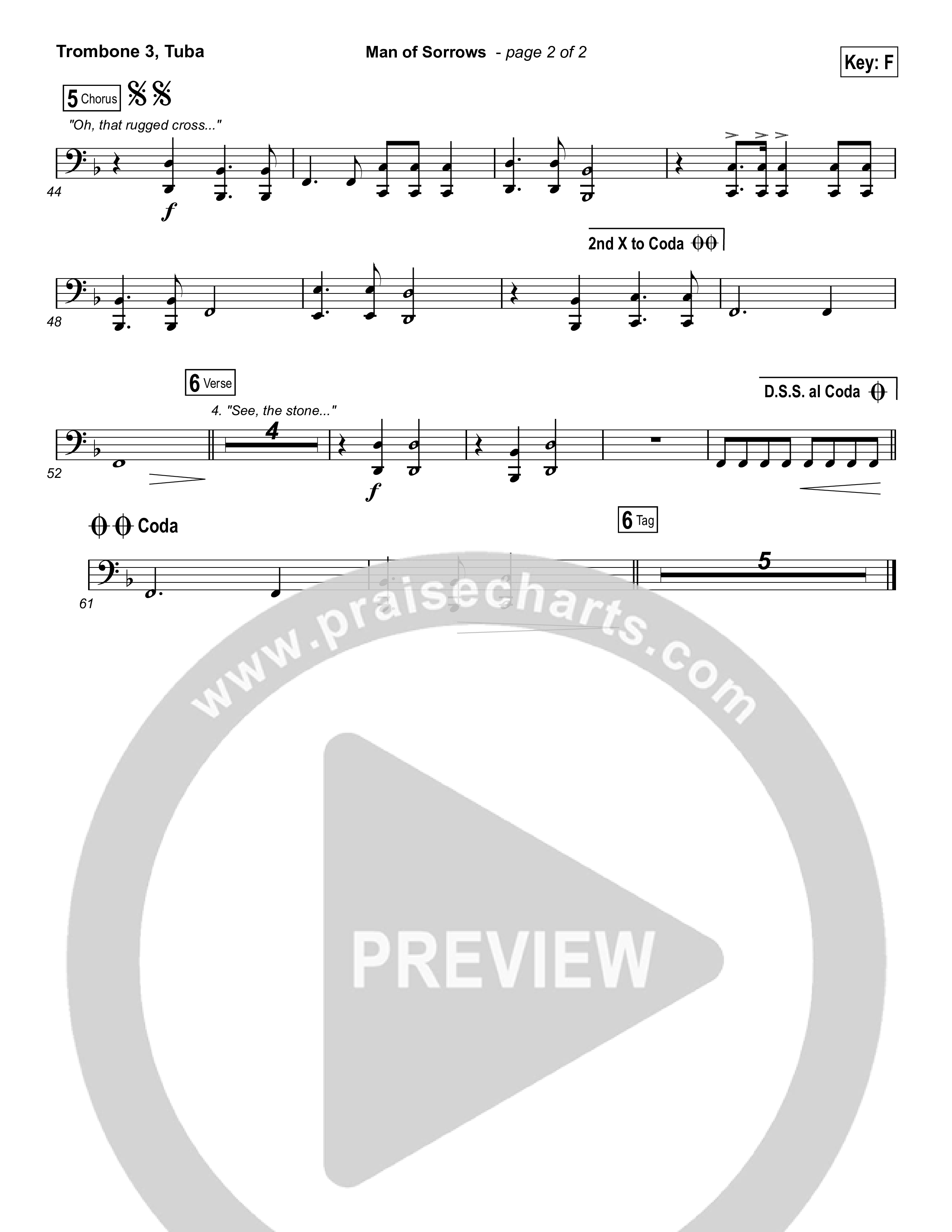 Man Of Sorrows (Choral Anthem SATB) Trombone 3/Tuba (Hillsong Worship / Arr. Erik Foster)