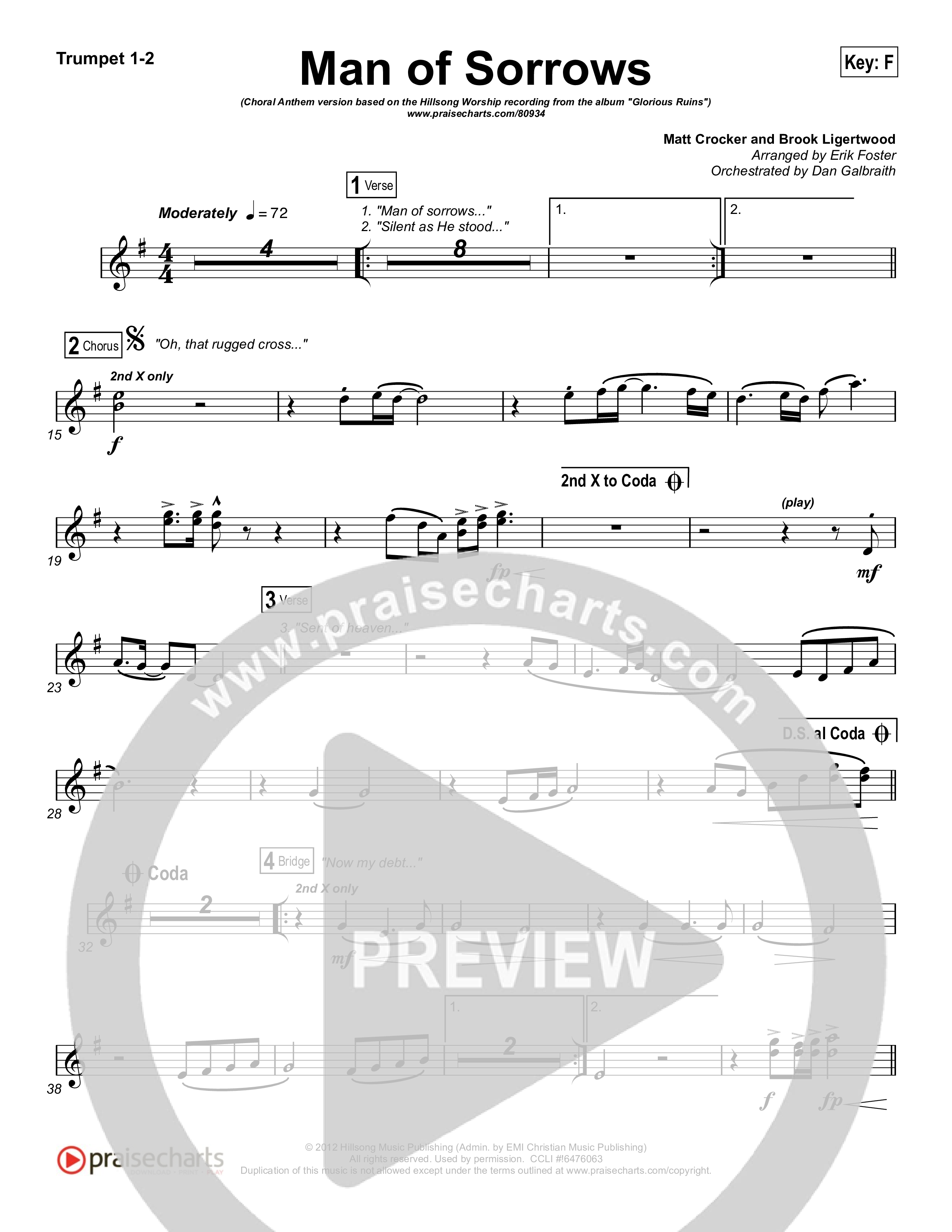 Man Of Sorrows (Choral Anthem SATB) Trumpet 1,2 (Hillsong Worship / Arr. Erik Foster)
