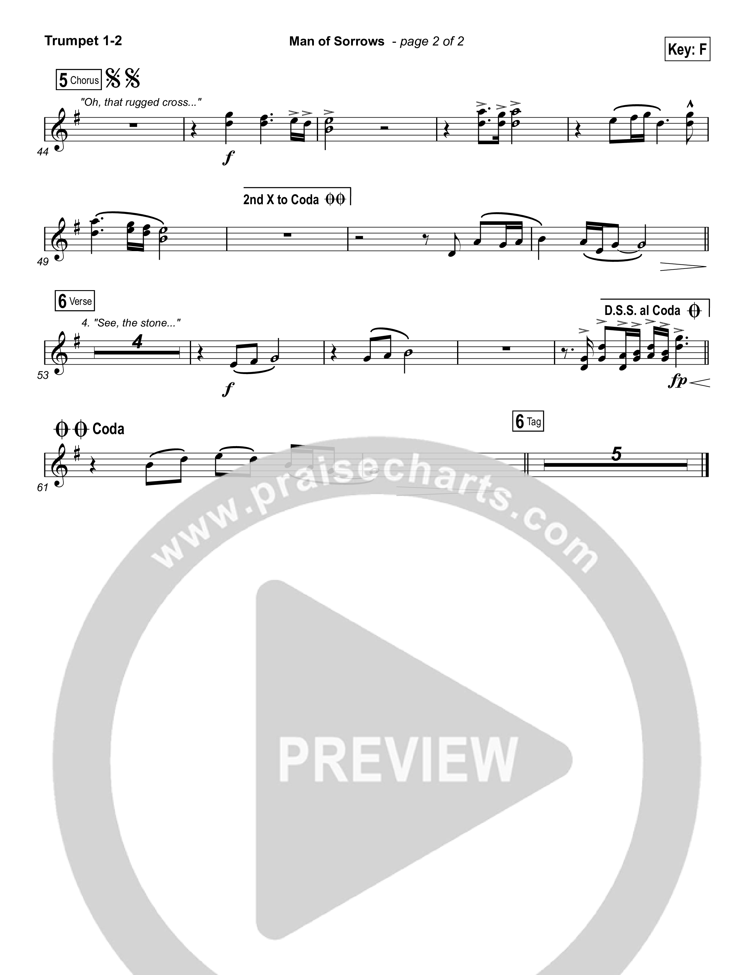 Man Of Sorrows (Choral Anthem SATB) Trumpet 1,2 (Hillsong Worship / Arr. Erik Foster)