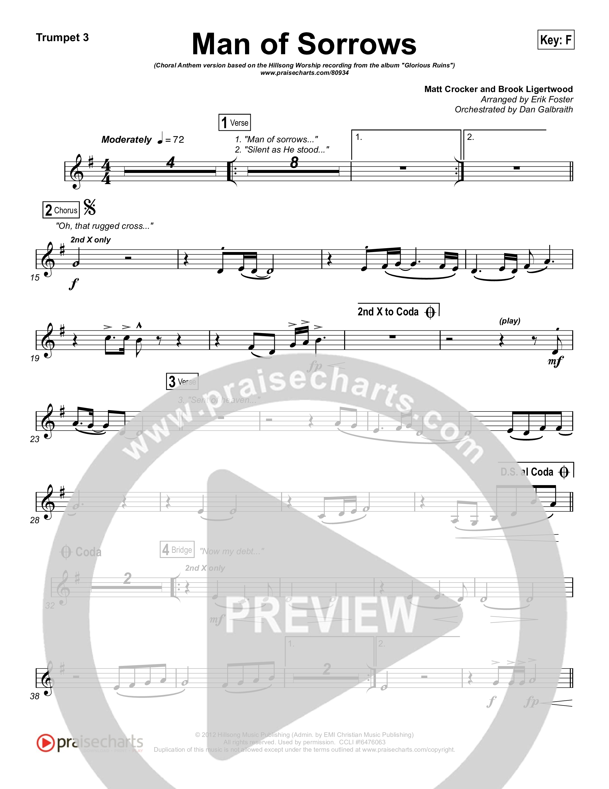 Man Of Sorrows (Choral Anthem SATB) Trumpet 1,2 (Hillsong Worship / Arr. Erik Foster)