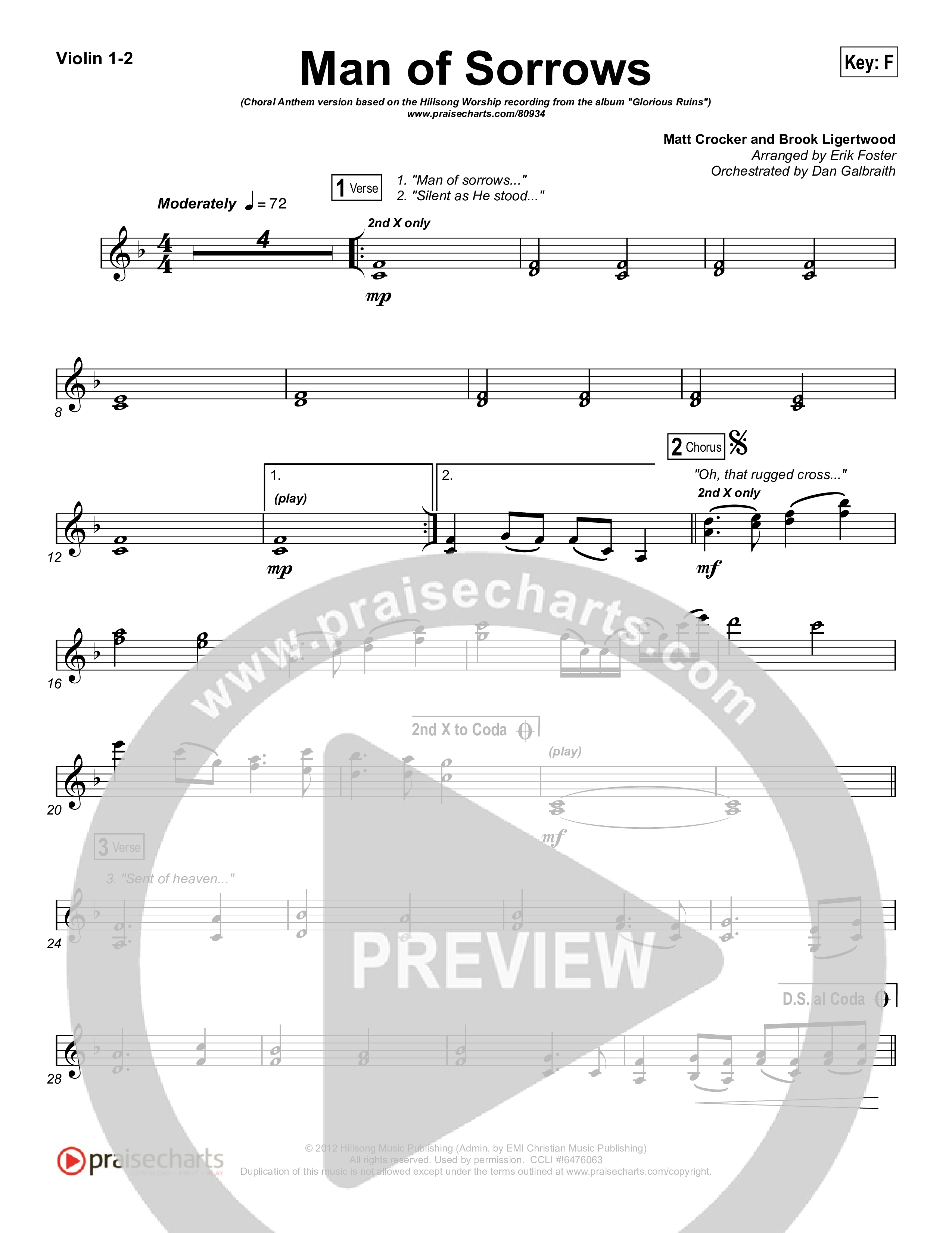 Man Of Sorrows (Choral Anthem SATB) Violin 1,2 (Hillsong Worship / Arr. Erik Foster)