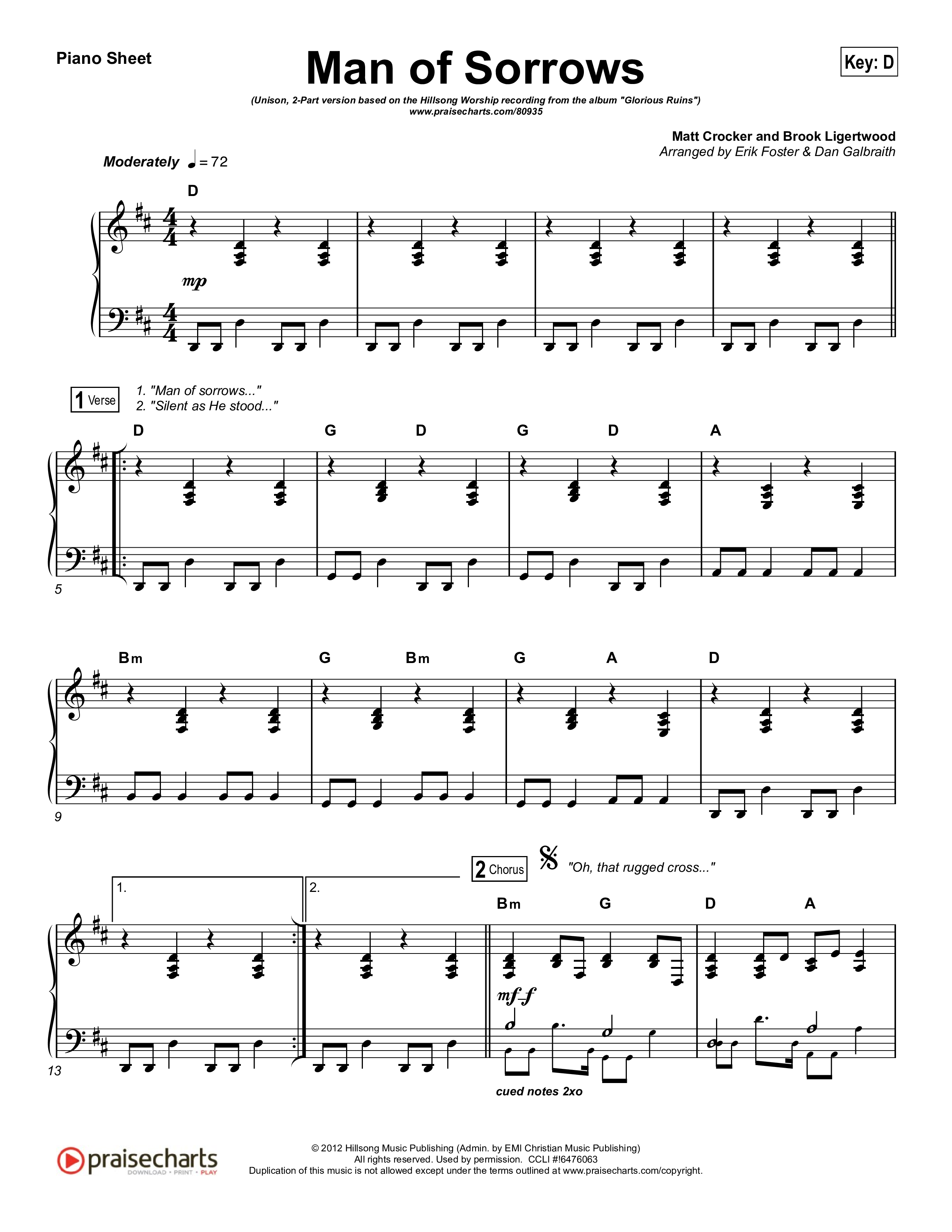 Man Of Sorrows (Unison/2-Part) Piano Sheet (Hillsong Worship / Arr. Erik Foster)