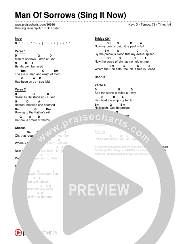 Man Of Sorrows (Sing It Now) Chords & Lyrics (Hillsong Worship / Arr. Erik Foster)