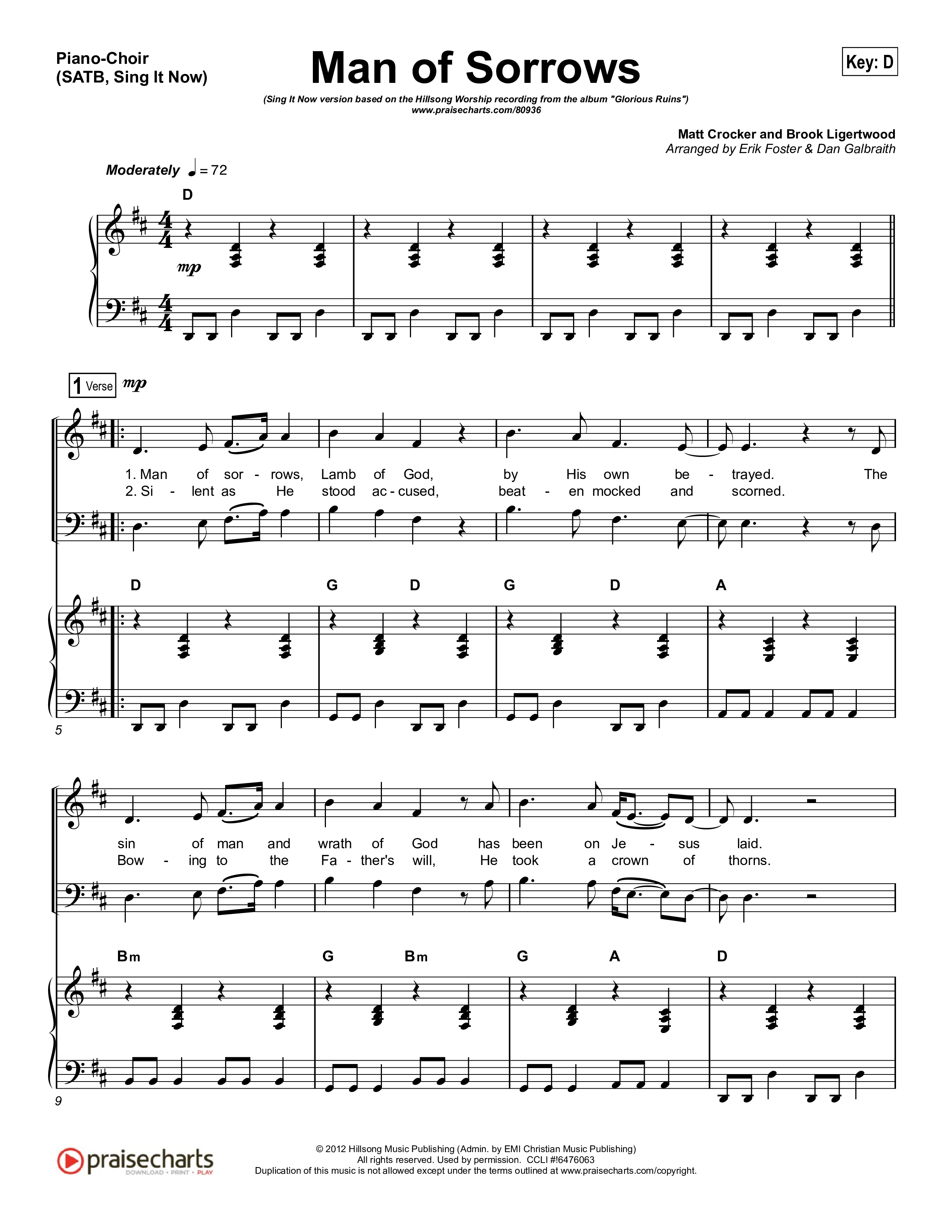 Man Of Sorrows (Sing It Now) Piano/Choir (SATB) (Hillsong Worship / Arr. Erik Foster)