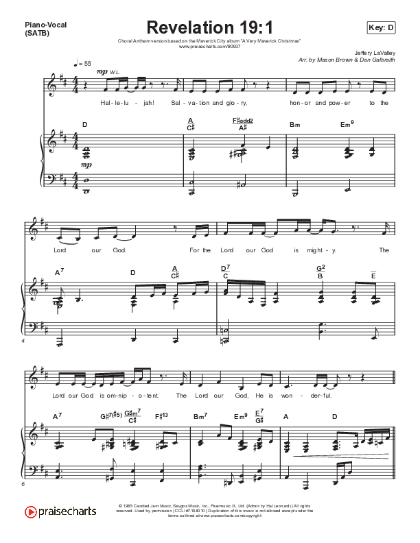Revelation 19:1 (Choral Anthem SATB) Piano/Vocal (Print Only) (Maverick City Music / Naomi Raine / Chandler Moore / Arr. Mason Brown)