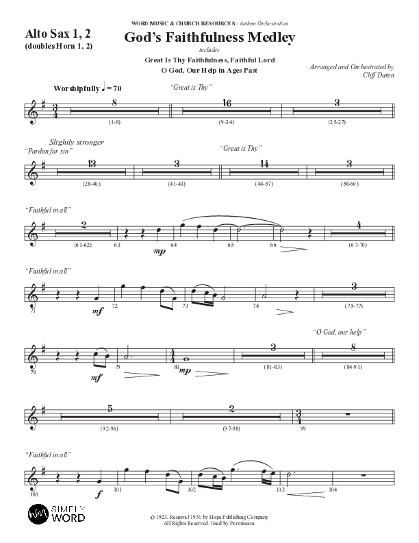 God's Faithfulness Medley with Great Is Thy Faithfulness, Faithful Lord, O God Our Help In Ages Past (Choral Anthem SATB) Alto Sax 1/2 (Word Music Choral / Arr. Cliff Duren)