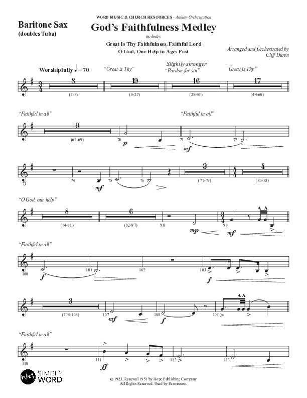 God's Faithfulness Medley with Great Is Thy Faithfulness, Faithful Lord, O God Our Help In Ages Past (Choral Anthem SATB) Bari Sax (Word Music Choral / Arr. Cliff Duren)