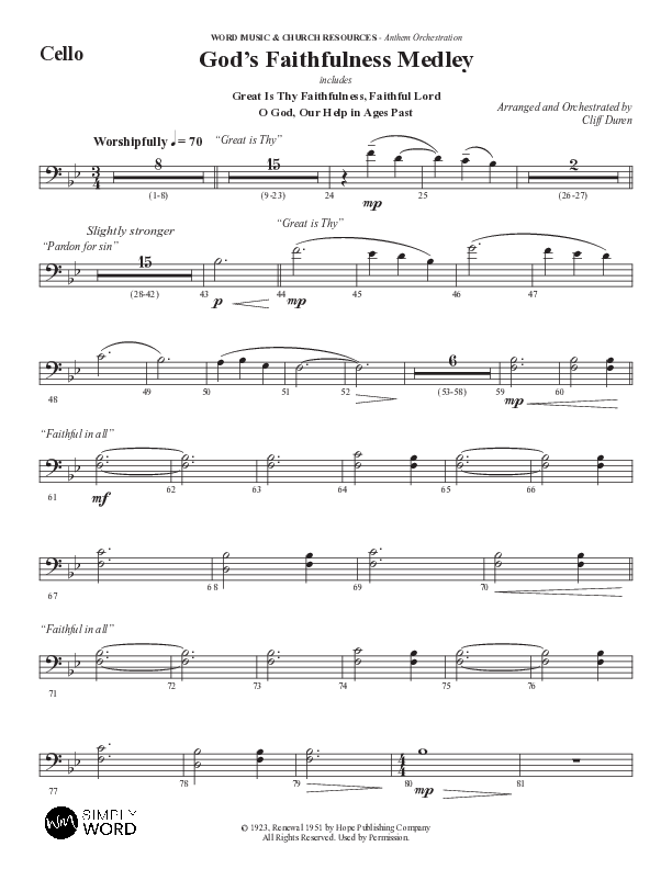God's Faithfulness Medley with Great Is Thy Faithfulness, Faithful Lord, O God Our Help In Ages Past (Choral Anthem SATB) Cello (Word Music Choral / Arr. Cliff Duren)