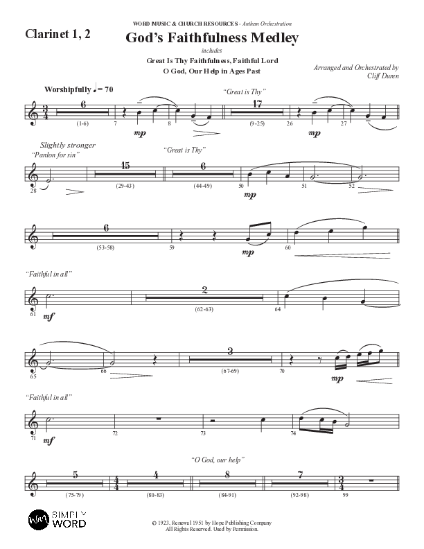 God's Faithfulness Medley with Great Is Thy Faithfulness, Faithful Lord, O God Our Help In Ages Past (Choral Anthem SATB) Clarinet 1/2 (Word Music Choral / Arr. Cliff Duren)