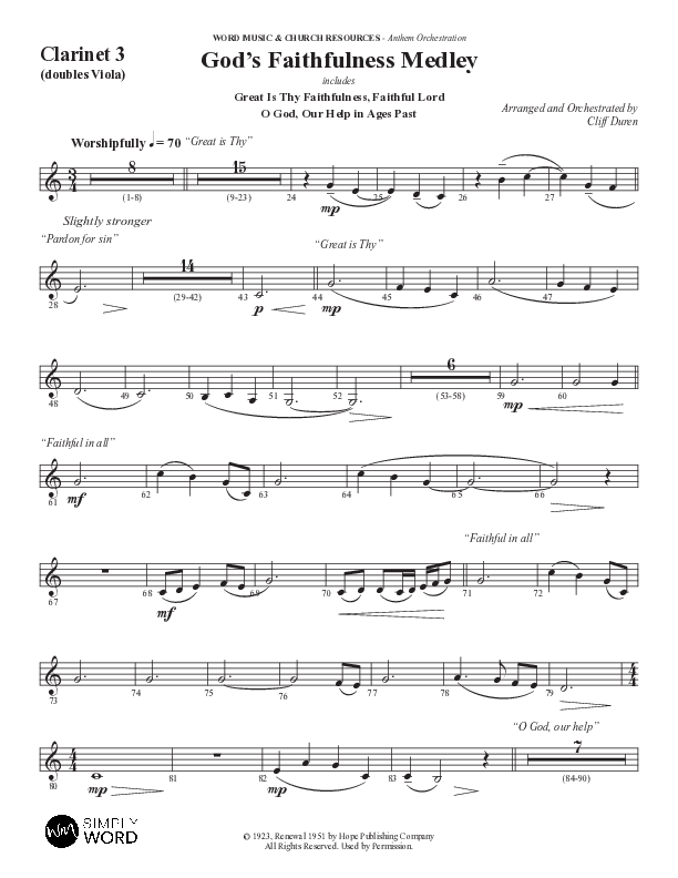 God's Faithfulness Medley with Great Is Thy Faithfulness, Faithful Lord, O God Our Help In Ages Past (Choral Anthem SATB) Clarinet 3 (Word Music Choral / Arr. Cliff Duren)