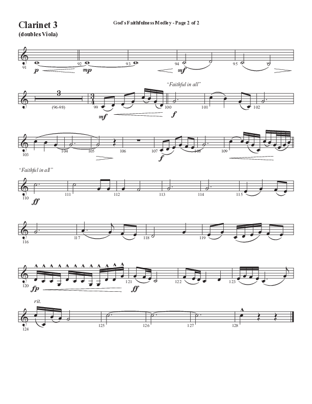 God's Faithfulness Medley with Great Is Thy Faithfulness, Faithful Lord, O God Our Help In Ages Past (Choral Anthem SATB) Clarinet 3 (Word Music Choral / Arr. Cliff Duren)
