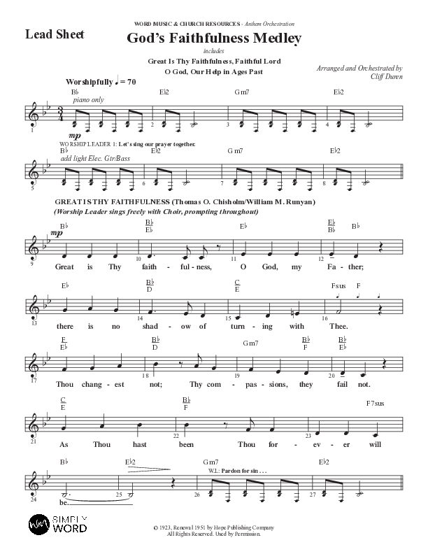 God's Faithfulness Medley with Great Is Thy Faithfulness, Faithful Lord, O God Our Help In Ages Past (Choral Anthem SATB) Lead Sheet (Melody) (Word Music Choral / Arr. Cliff Duren)