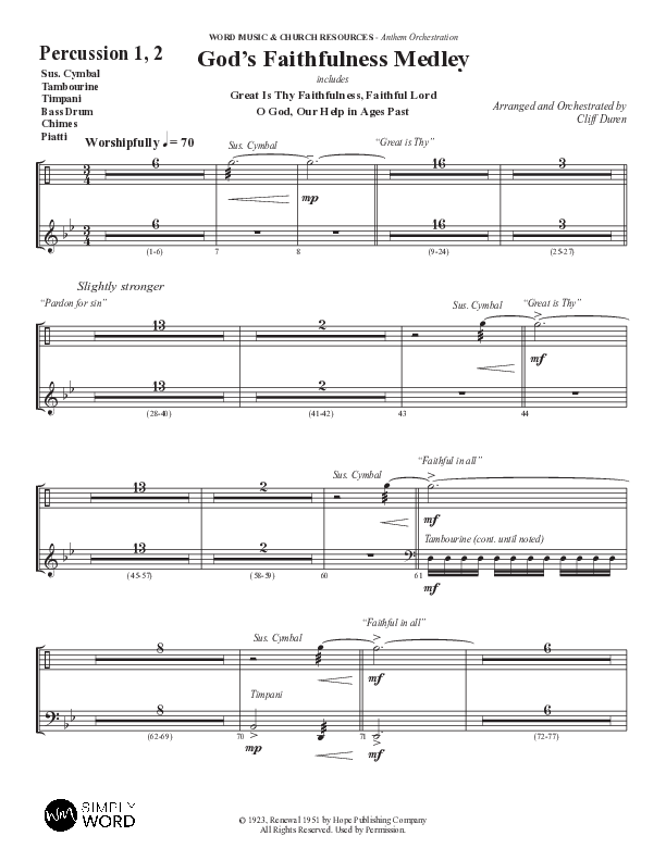 God's Faithfulness Medley with Great Is Thy Faithfulness, Faithful Lord, O God Our Help In Ages Past (Choral Anthem SATB) Percussion 1/2 (Word Music Choral / Arr. Cliff Duren)