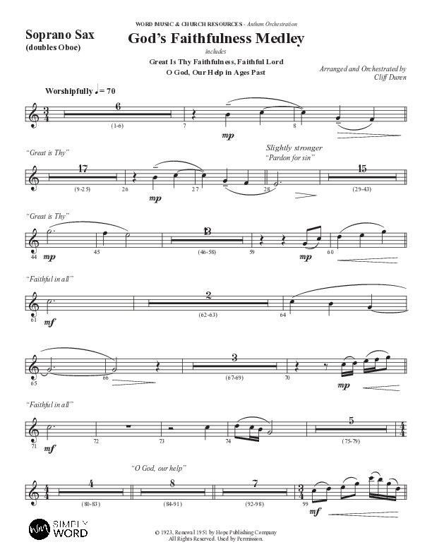 God's Faithfulness Medley with Great Is Thy Faithfulness, Faithful Lord, O God Our Help In Ages Past (Choral Anthem SATB) Soprano Sax (Word Music Choral / Arr. Cliff Duren)
