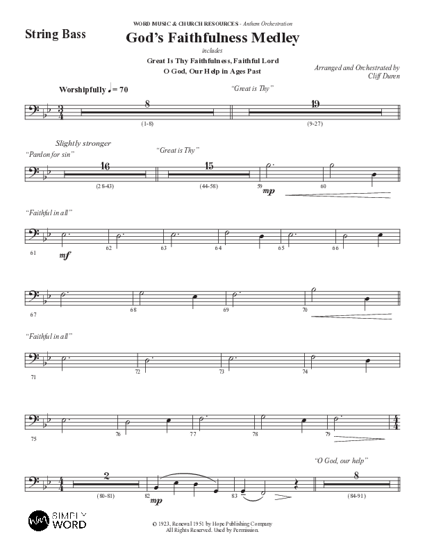 God's Faithfulness Medley with Great Is Thy Faithfulness, Faithful Lord, O God Our Help In Ages Past (Choral Anthem SATB) String Bass (Word Music Choral / Arr. Cliff Duren)