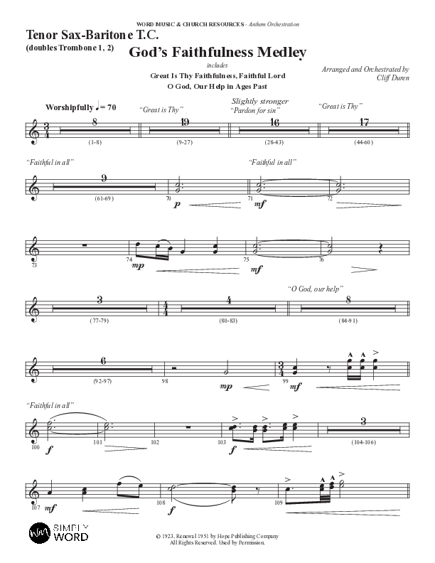 God's Faithfulness Medley with Great Is Thy Faithfulness, Faithful Lord, O God Our Help In Ages Past (Choral Anthem SATB) Tenor Sax/Baritone T.C. (Word Music Choral / Arr. Cliff Duren)
