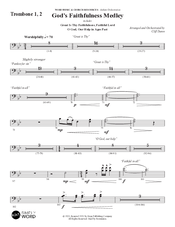 God's Faithfulness Medley with Great Is Thy Faithfulness, Faithful Lord, O God Our Help In Ages Past (Choral Anthem SATB) Trombone 1/2 (Word Music Choral / Arr. Cliff Duren)