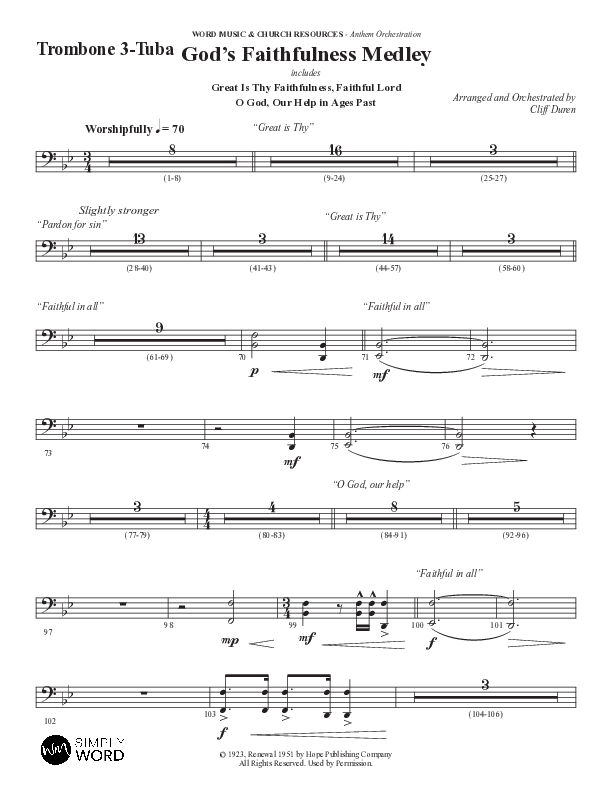 God's Faithfulness Medley with Great Is Thy Faithfulness, Faithful Lord, O God Our Help In Ages Past (Choral Anthem SATB) Trombone 3/Tuba (Word Music Choral / Arr. Cliff Duren)