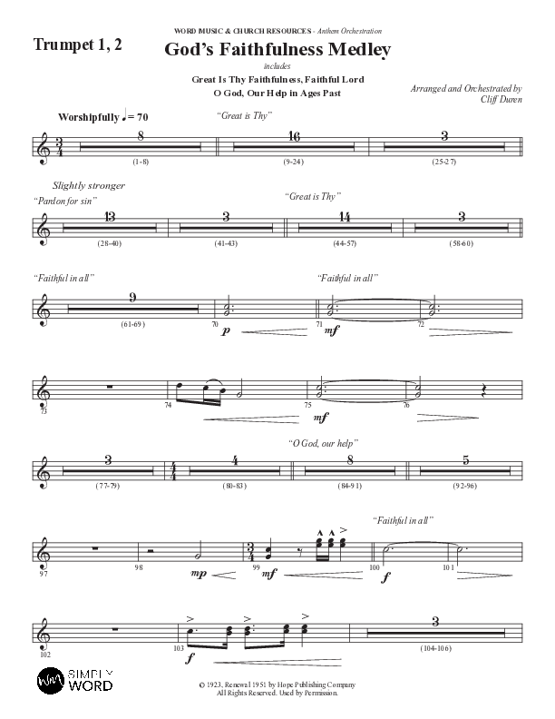 God's Faithfulness Medley with Great Is Thy Faithfulness, Faithful Lord, O God Our Help In Ages Past (Choral Anthem SATB) Trumpet 1,2 (Word Music Choral / Arr. Cliff Duren)