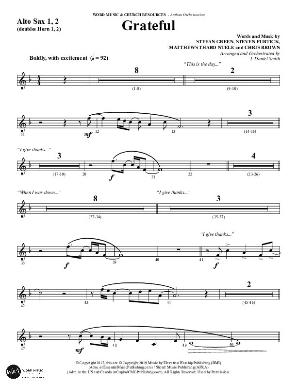 Grateful (Choral Anthem SATB) Alto Sax 1/2 (Word Music Choral / Arr. J. Daniel Smith)