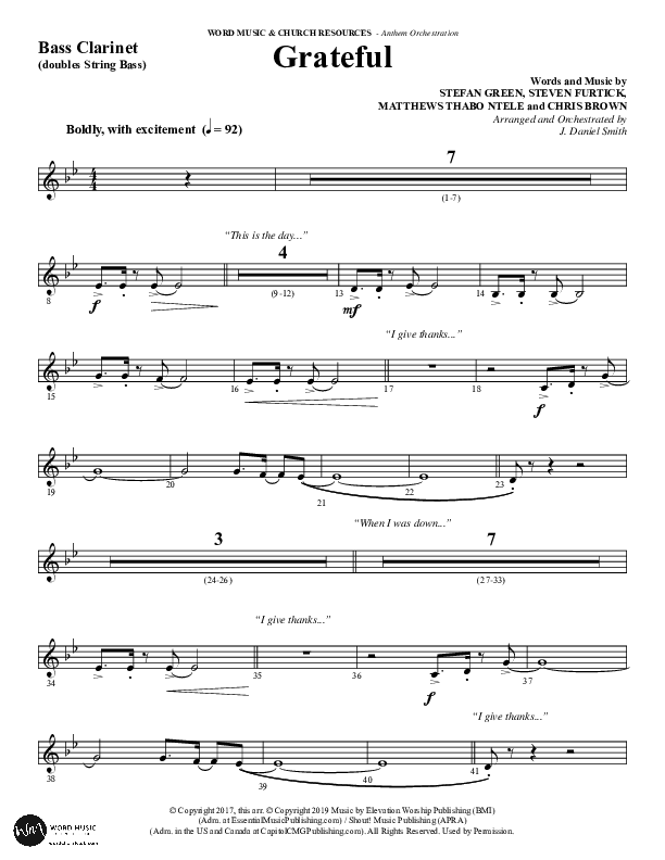 Grateful (Choral Anthem SATB) Bass Clarinet (Word Music Choral / Arr. J. Daniel Smith)