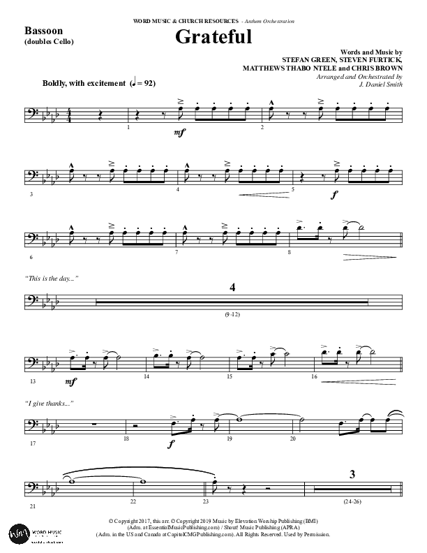 Grateful (Choral Anthem SATB) Bassoon (Word Music Choral / Arr. J. Daniel Smith)