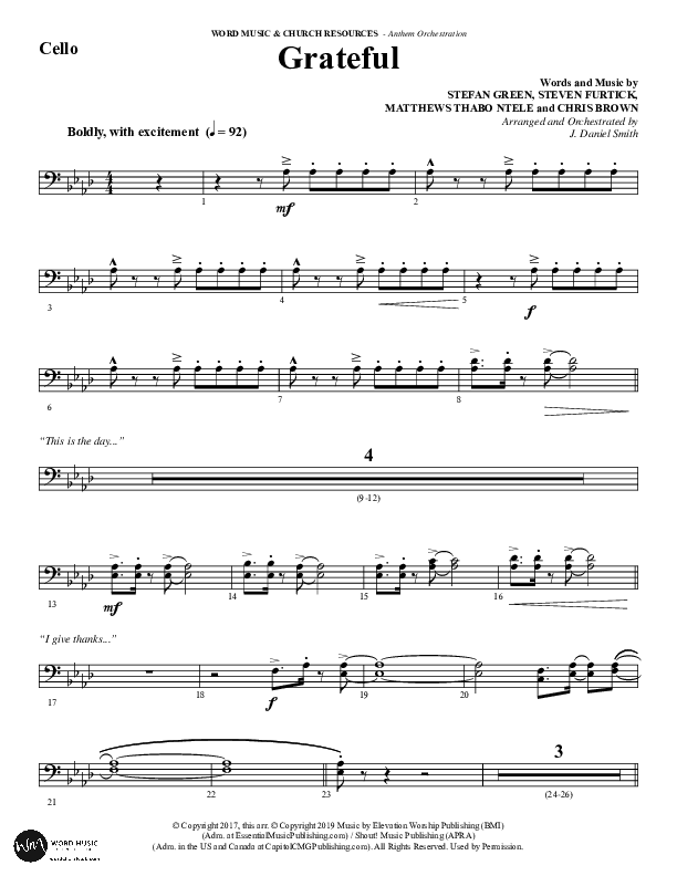 Grateful (Choral Anthem SATB) Cello (Word Music Choral / Arr. J. Daniel Smith)