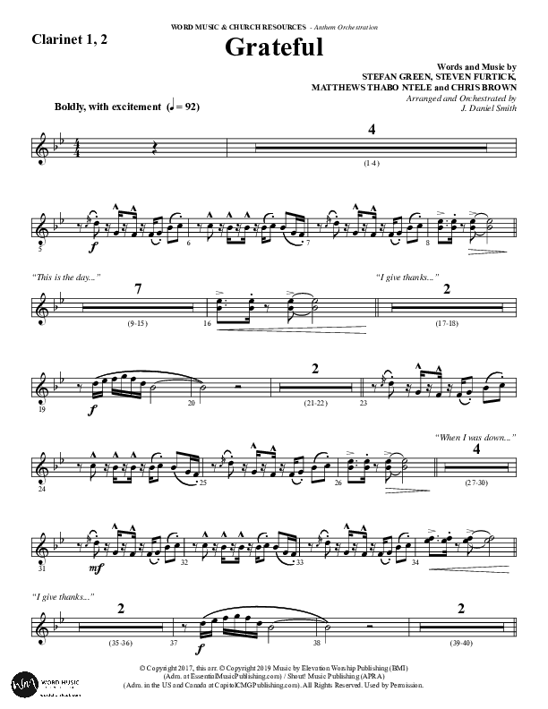 Grateful (Choral Anthem SATB) Clarinet 1/2 (Word Music Choral / Arr. J. Daniel Smith)