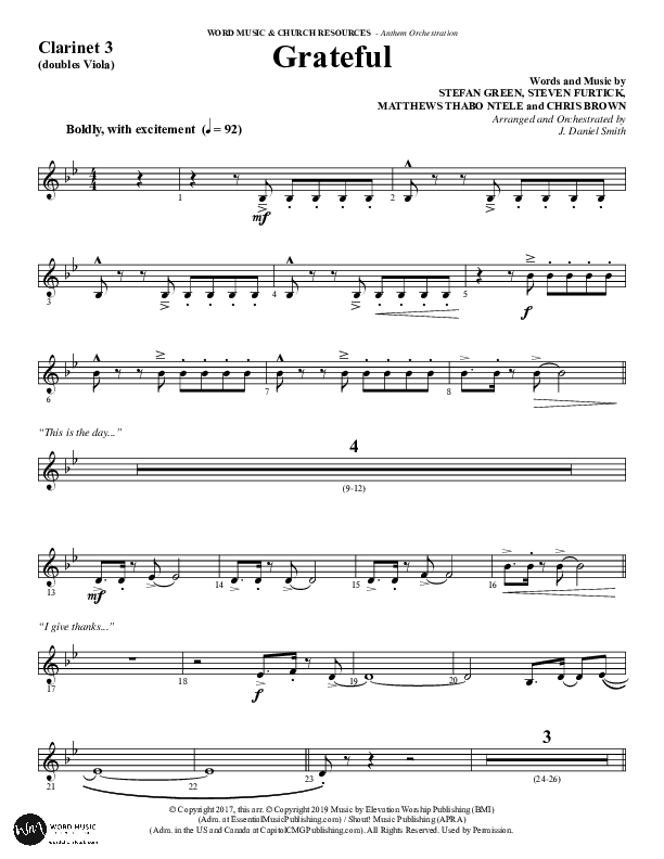 Grateful (Choral Anthem SATB) Clarinet 3 (Word Music Choral / Arr. J. Daniel Smith)